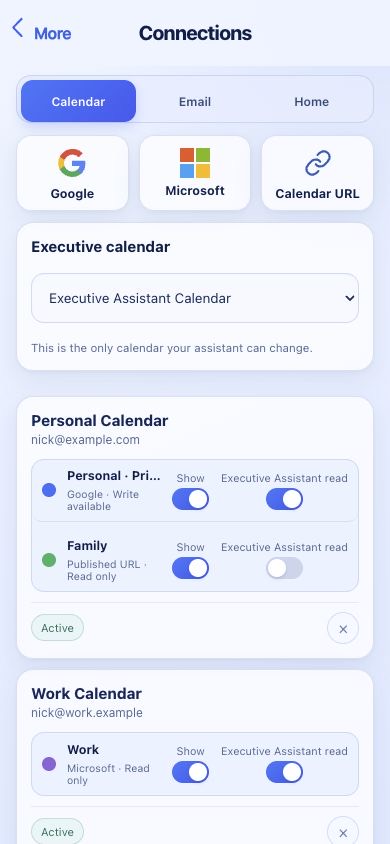 AI Executive Assistant calendar connections screen