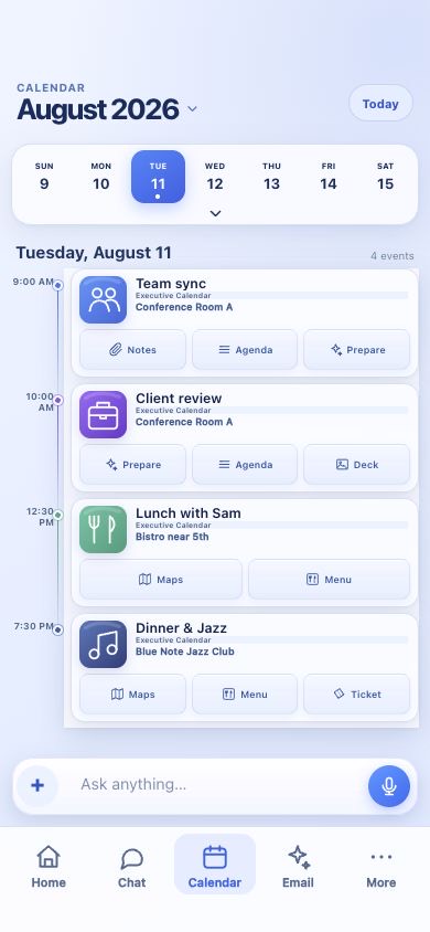 AI Executive Assistant production calendar screen